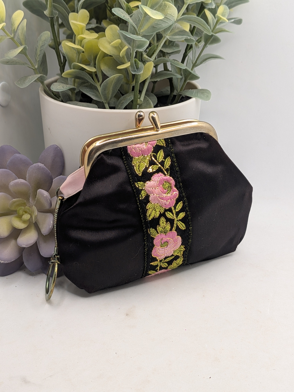 Black Floral Embroidered Clasp Wallet - Pink Rose Accent